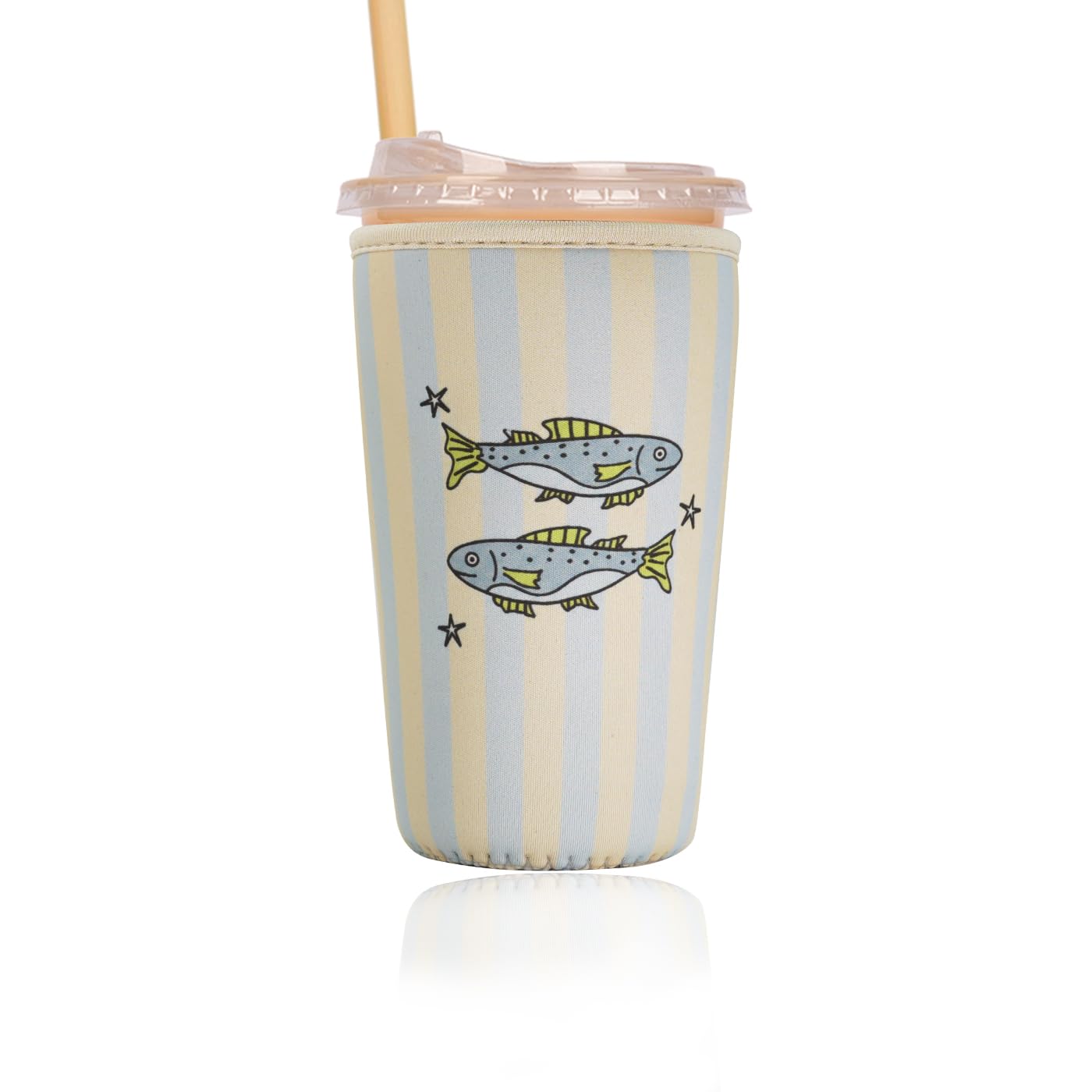 Reusable Insulated Sleeve for Iced Coffee Cup, Coffee Neoprene Sleeve for Cold &amp; Hot Drinks, Beverage Holder for Iced Coffee (Fish Stripes, Large: 32oz)