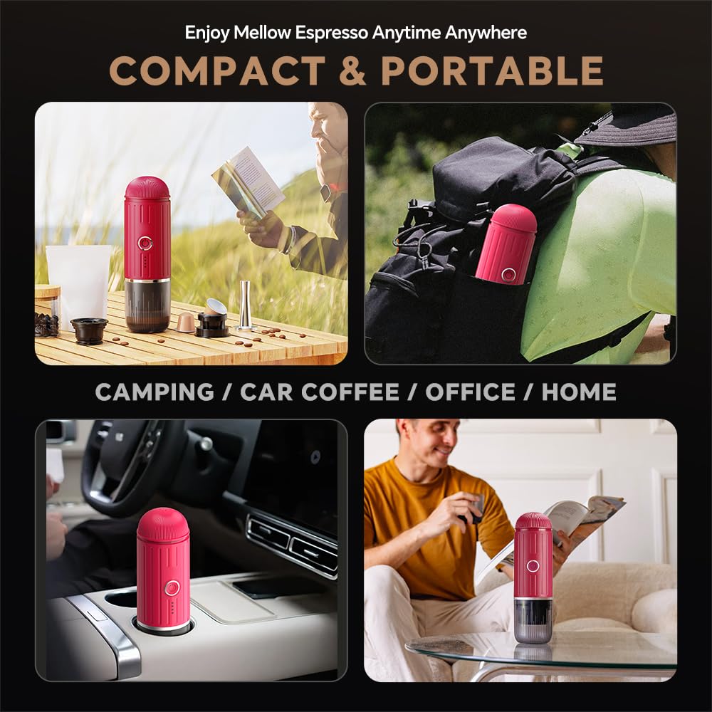 Macchina per Espresso Elettrica Portatile, Macchina da Caffè da Viaggio per Campeggio, Macchina da Caffè per Auto in Movimento Autoriscaldante con USB-C, Con Caffè Macinato e Capsule