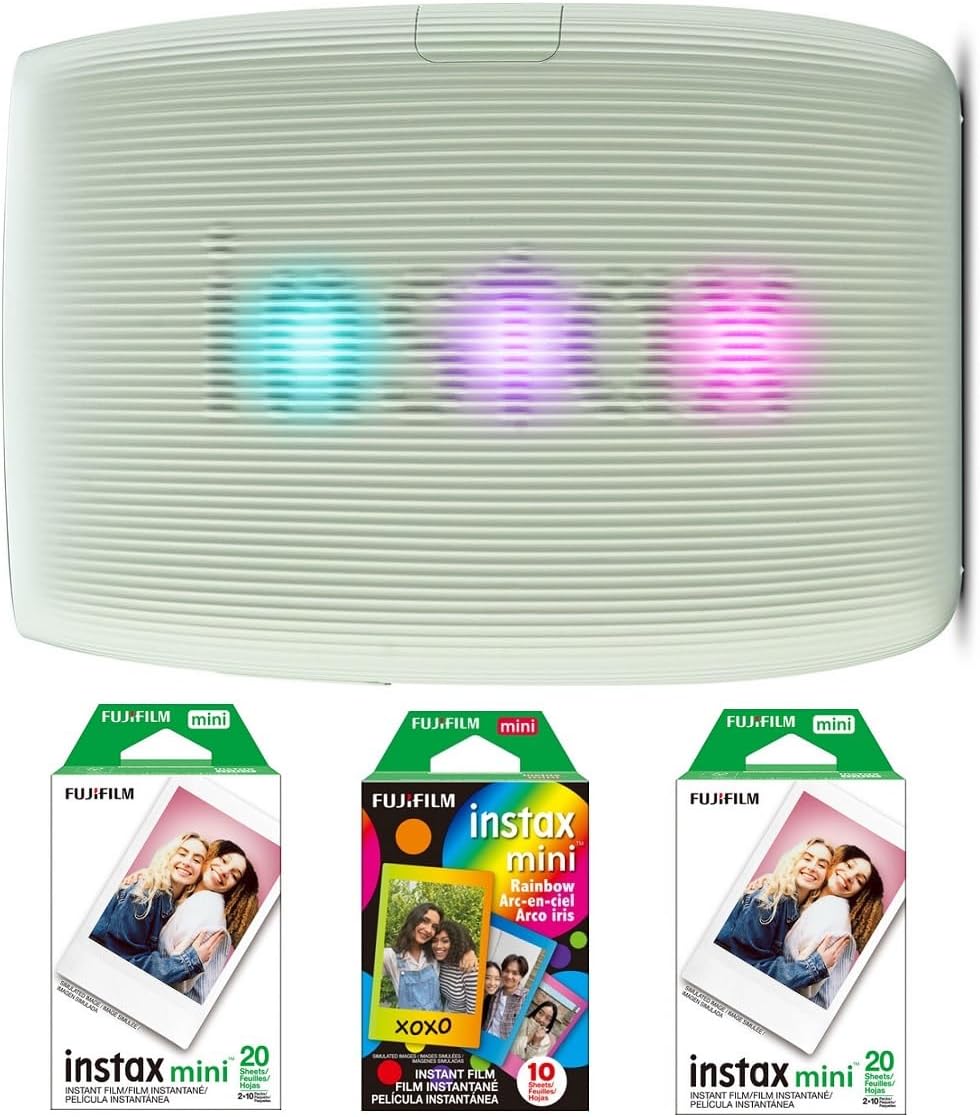 FUJIFILM INSTAX Mini Link 3 Smartphone Printer Bundle, Includes: FUJIFILM INSTAX Mini Instant Color Film (40 Exposures) and Rainbow Film (10 Exposures) (4 Items) (Clay White) (Sage Green)