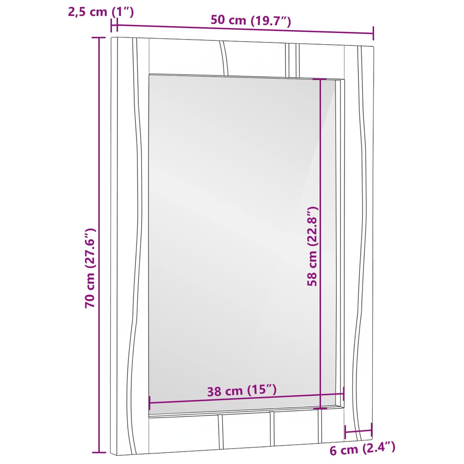 Badezimmer Spiegel rechteckig Natur 50 x 2,5 x 70 cm aus massivem Mangoholz mit klarem Glas für Bad, Flur, Schlafzimmer und Wohnzimmer, ideal zum Schminken und Rasur