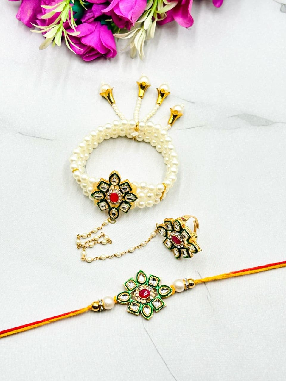 Traditional Bhaiya Bhabhi Rakhi Set with Pearl Bracelet, Ring and Thread Rakhi, Kundan Style