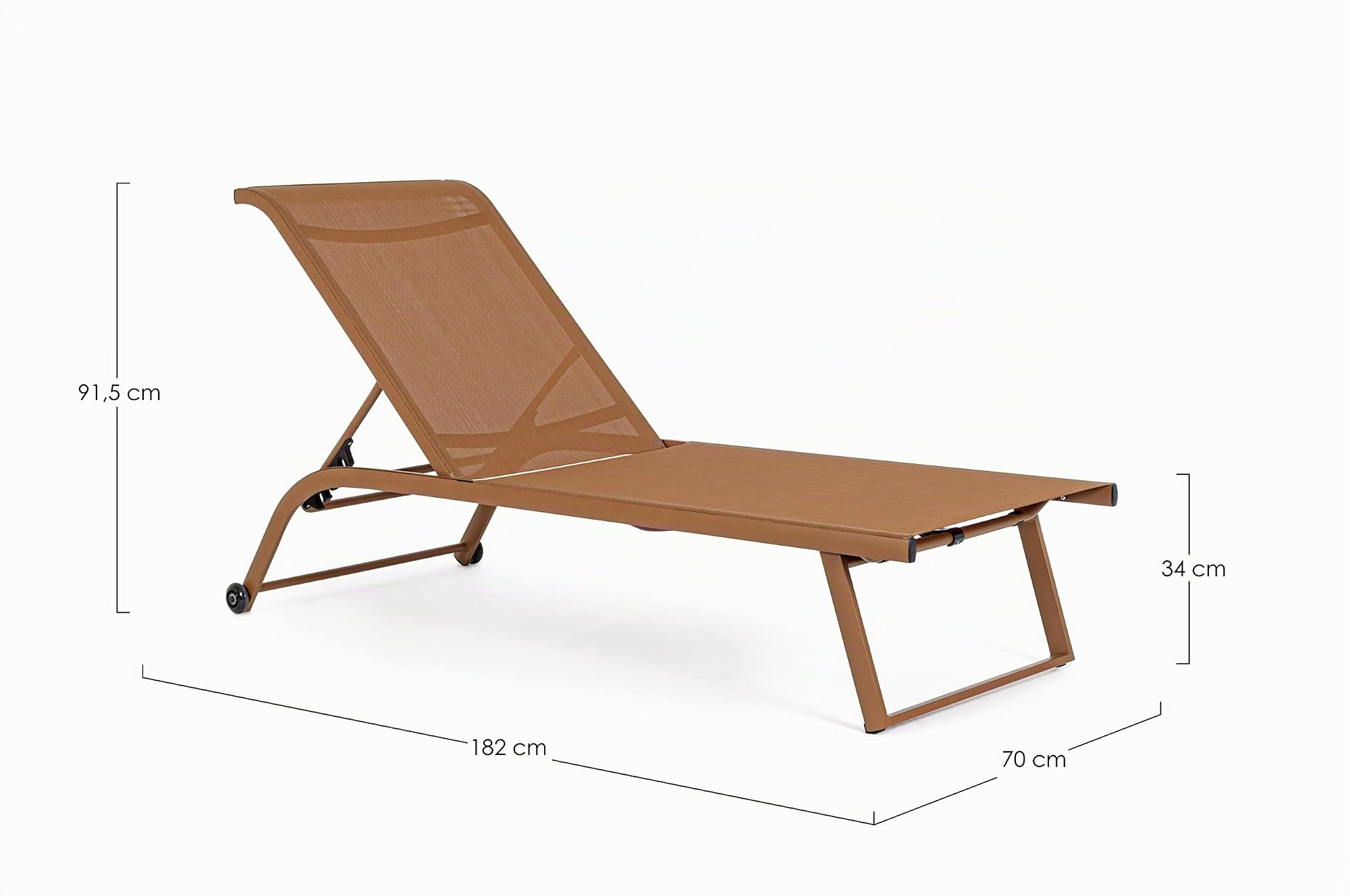 Lettino Prendisole In Alluminio Verniciato,Da Esterno, Con ruote, Rivestito In Texilene, Schienale Reclinabile 4 Posizioni 70 x 182 x 34 cm Per Giardino E Piscina (Arancio)