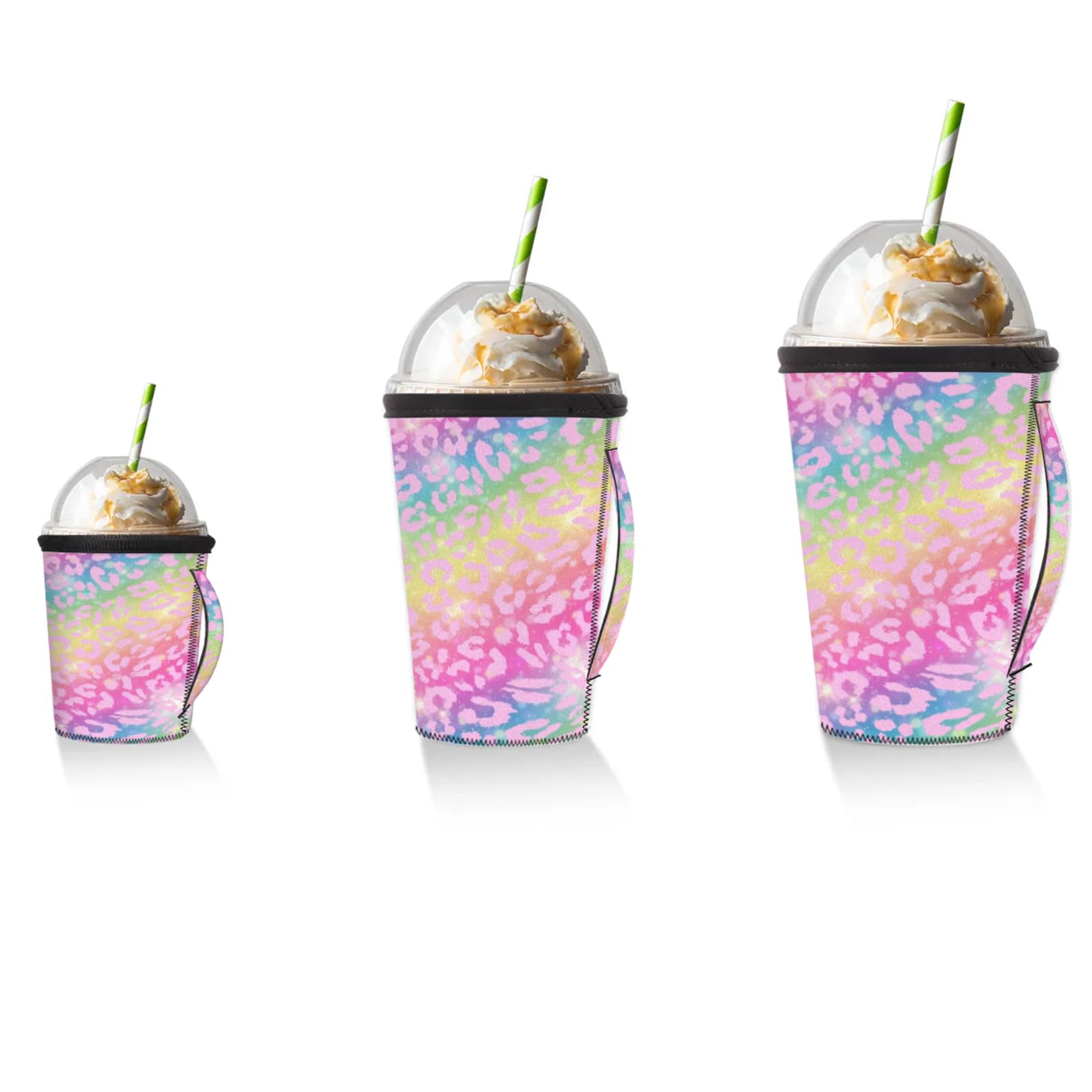 Colorful Leopard Prints Reusable Neoprene Coffee Sleeve with Handle Insulated Iced Coffee Cup Holder Reduces Condensation Fits 24-28 oz Cups M