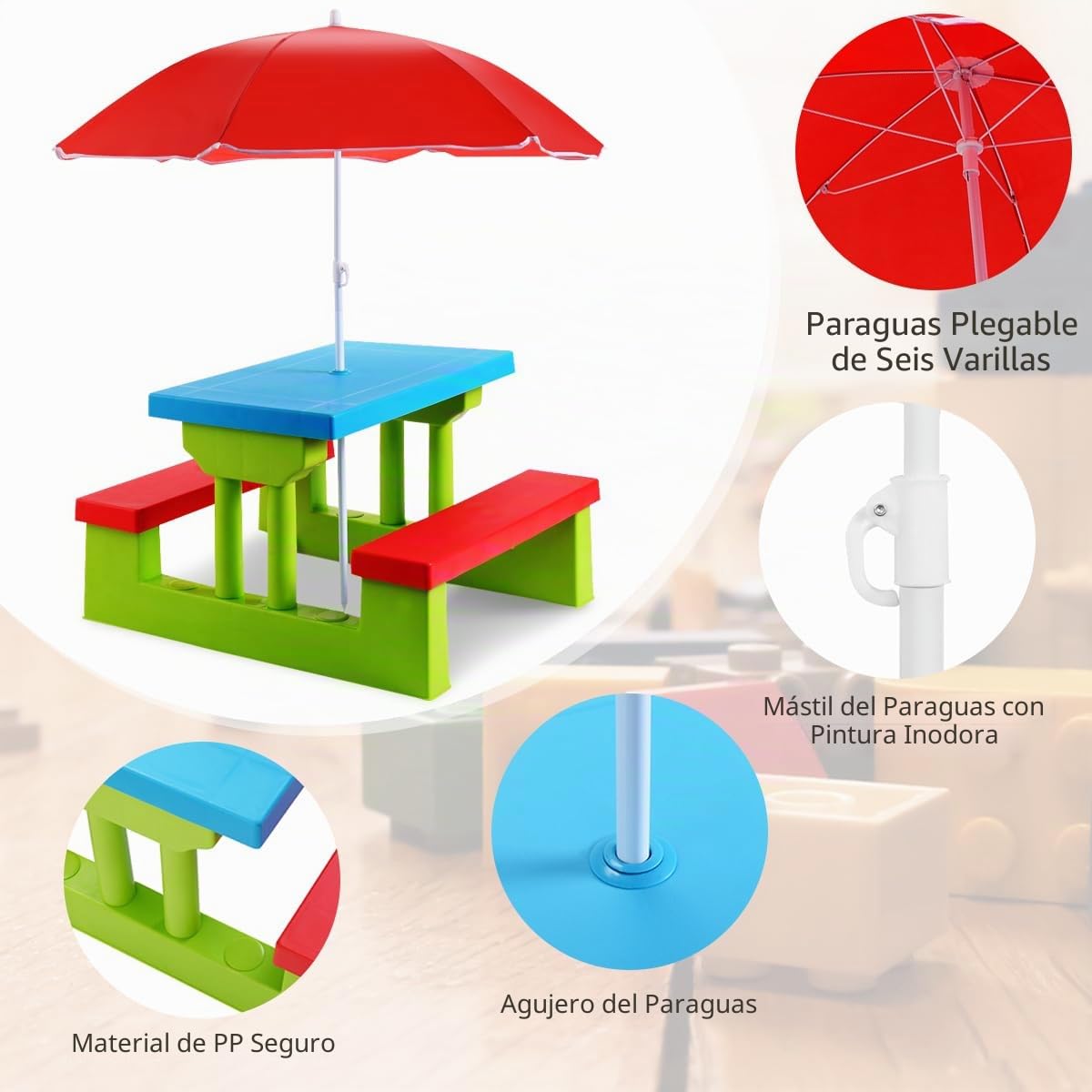 KOMFOTTEU Conjunto de Asientos Infantiles con Sombrilla, Juego de Picnic para Niños con 1 Mesa y 2 Bancos, Juego de Muebles para Jardín, Parque, Terreza (Verde + Rojo + Azul)