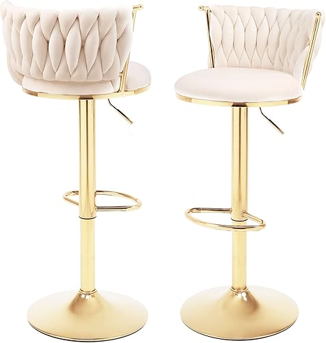 Juego de 2 taburetes de bar giratorios de terciopelo, modernos de 24 pulgadas de altura de mostrador, con respaldo tejido y reposapiés, sillas de