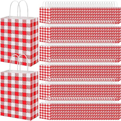 Zubebe 150 Pieces Gingham Paper Gift Bags with Handle Plaid Goody Candy Bags Red Checkered Party Favor Supplies Treat Bags for Gingham Party Favors Gift Wrapping Supplies Cover