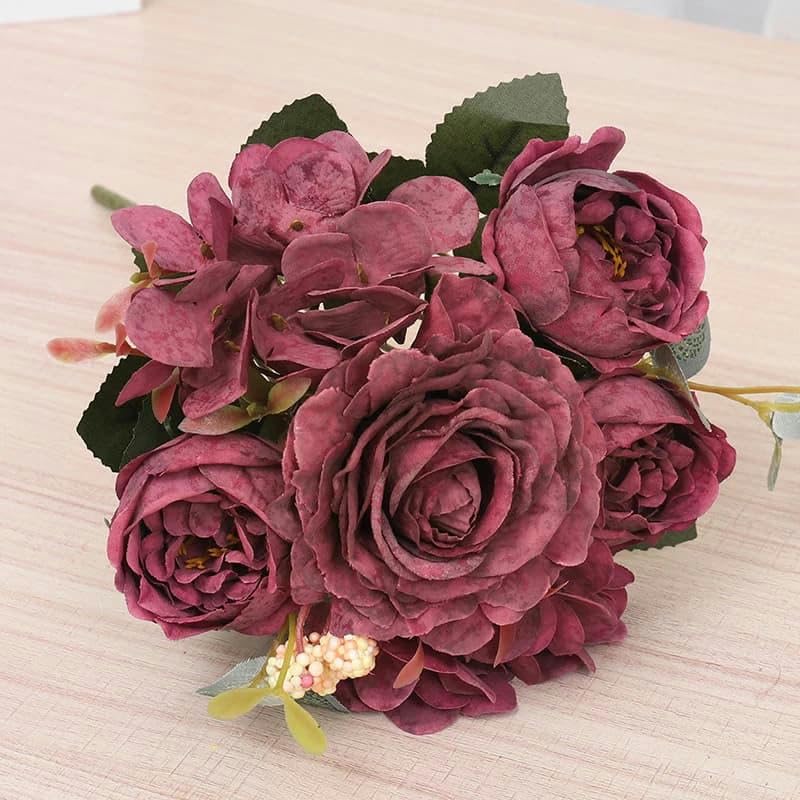 Fiori artificiali autunnali, bouquet da sposa retrò con rose di seta, ortensie, peonie finte, accessori for la decorazione Natale e matrimonio(Red)