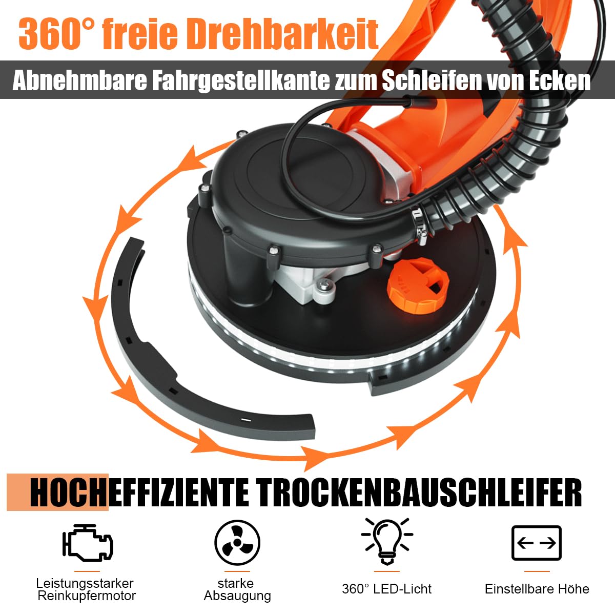 SOARS - Lijadora de jirafa 750 W, Ø250 mm, 6 velocidades, 800-1750 rpm, mango telescópico, luz LED, bolsa para polvo, 12 hojas abrasivas, jirafa lijadora para pared y techo