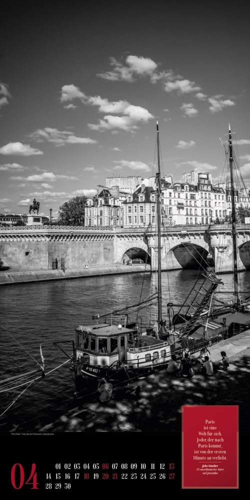 Paris, je t'aime Kalender 2025, Wandkalender in Schwarz-Weiß im Hochformat (33x66 cm) - Städtekalender / Literaturkalender mit Zitaten