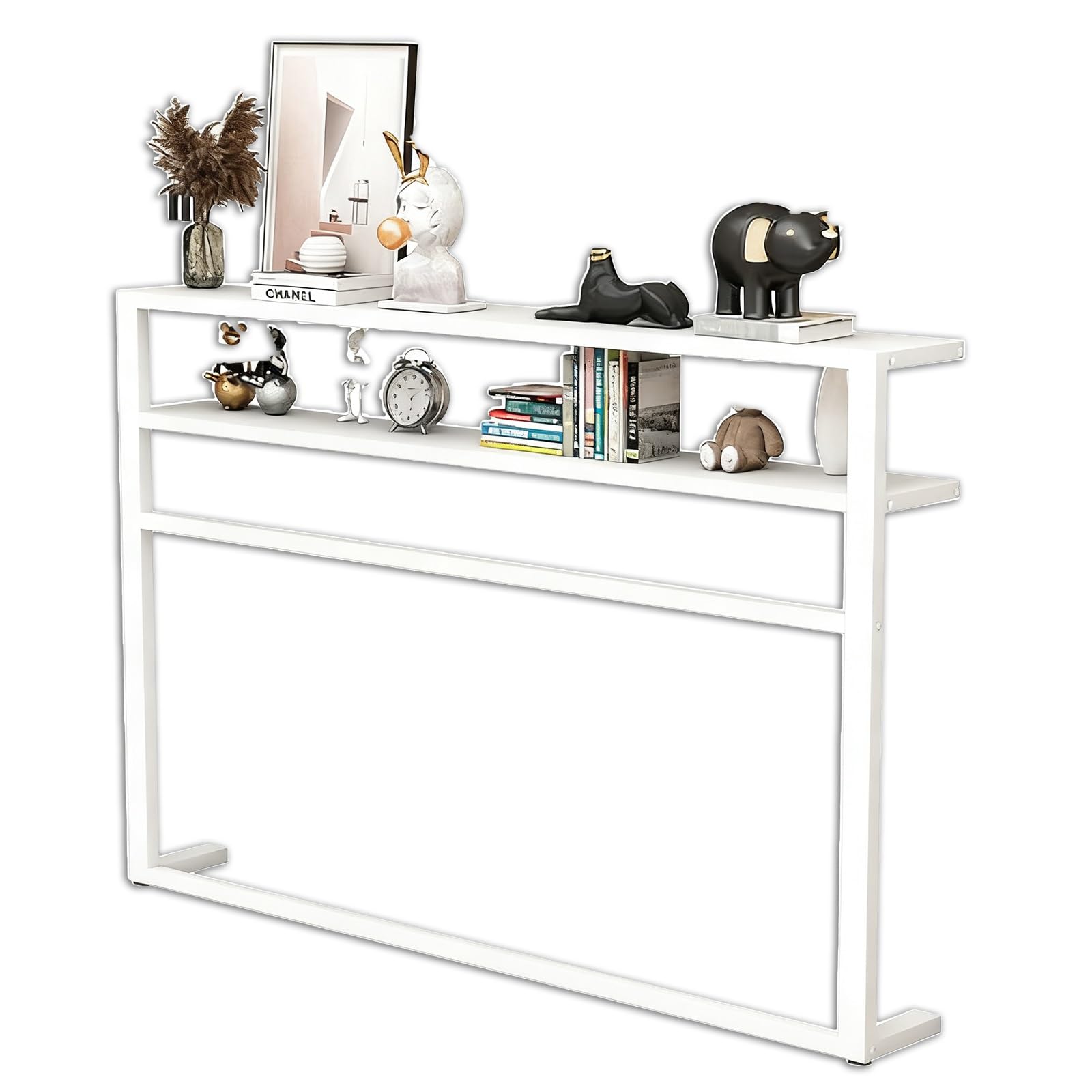 Mesa de cubierta de radiador con estante de almacenamiento, mesa consola de 2 niveles para sala de estar o baño, marco de acero estrecho con barra para ropa