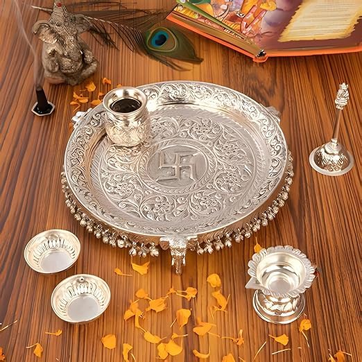 Image of German Silver Pooja Aarti /Thali with Full Ghungroo Layer Home /Temple /Mandir,Decorative Pooja Plate Set for,Karva Chauth, Diwali,Ganesh,Janmashtami Pujan & Wedding Item- Set of 6 Item