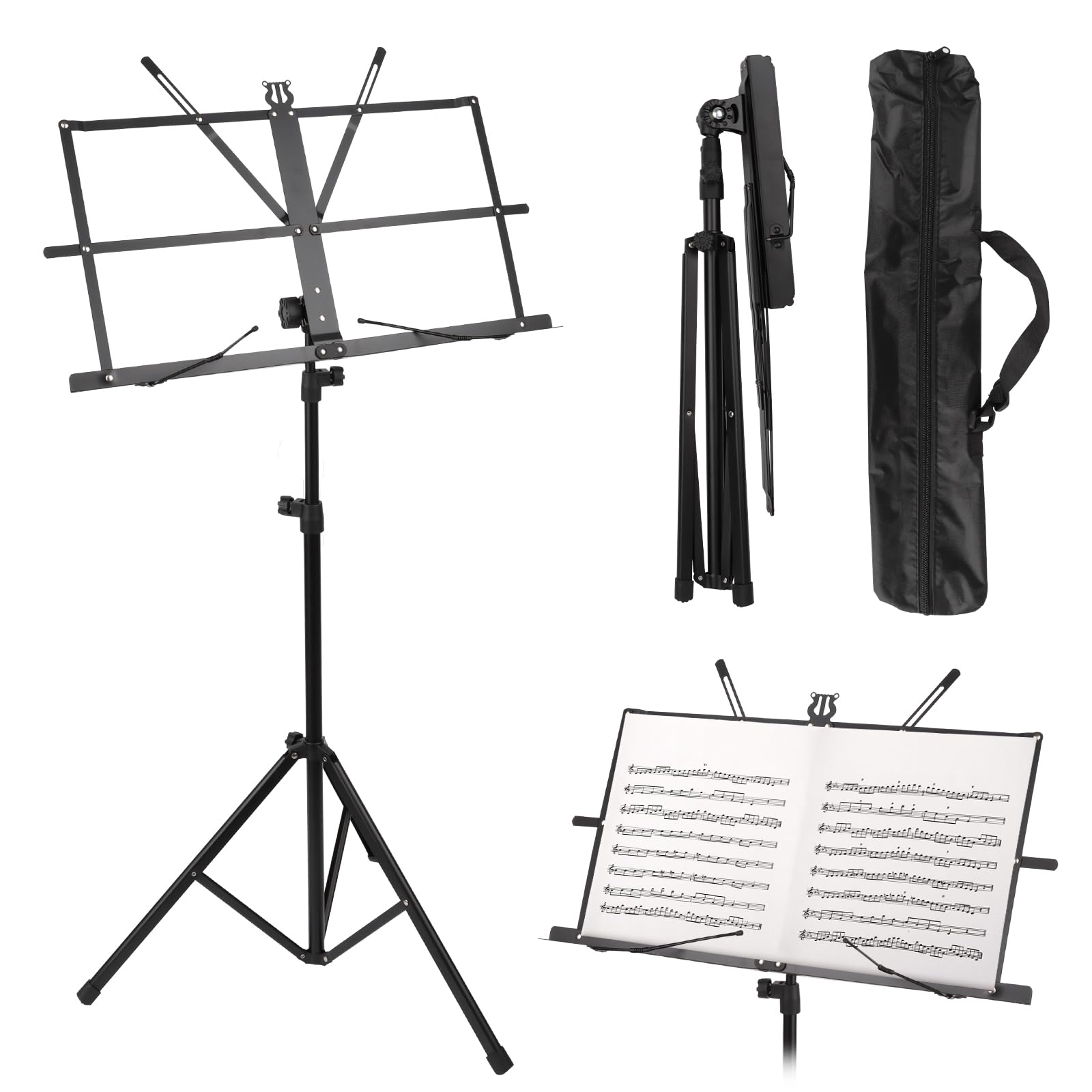Notenständer Klappbar Stabil, Notenständer & Tischständer 2 in 1 Doppelnutzung, Höhenverstellbar Notenpult mit Wasserdicht Tragetasche, Notenhalter für Kinder und Erwachsene, Music Stand Schwarz