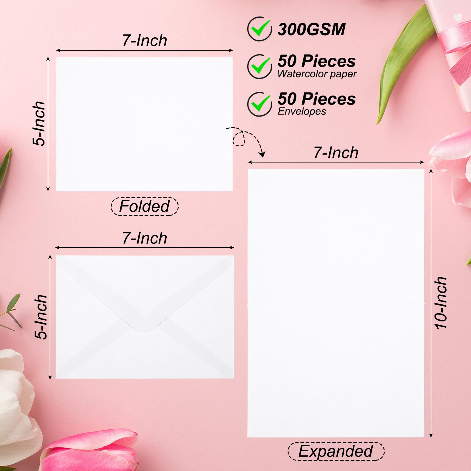 PATIKIL 100 Sets Pure Cotton Watercolor Cards 140lb/300 GSM Postcards with Envelopes for Art Painting Creative Thank Notes 5x7 Inch Foldable Size - Image 2