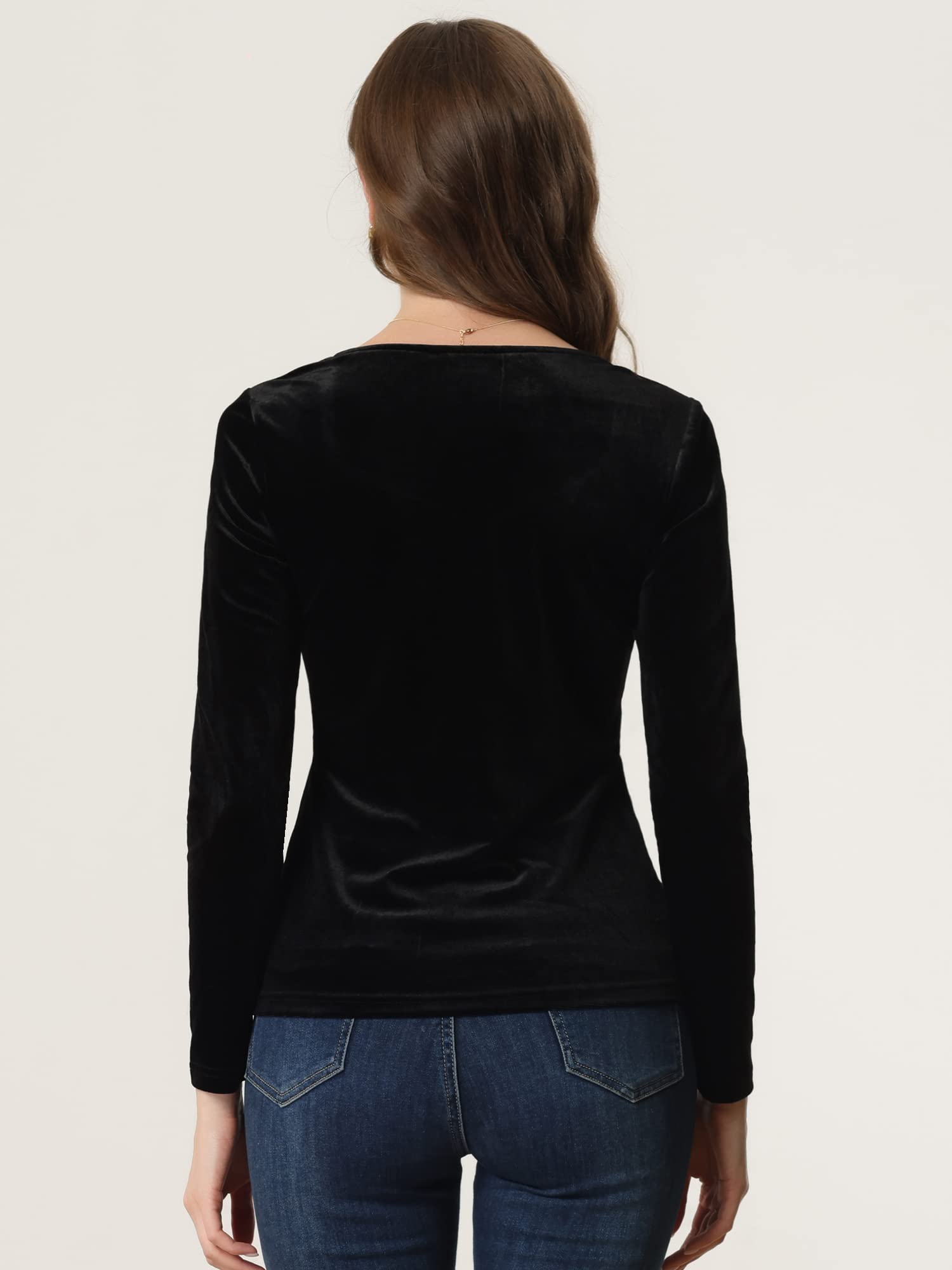 Allegra K Disfraz de Navidad Top de Terciopelo para Mujer con Cuello en Forma de Corazón Elegante Camiseta de Manga Larga