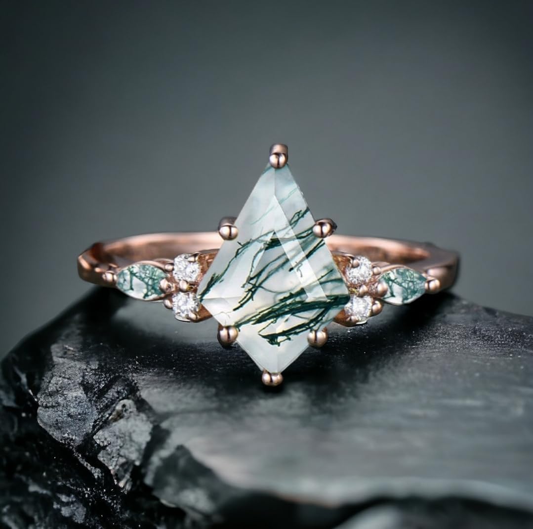 1.5 Ct kite cut green moss agate ring solid 14k rose gold moss agate engagement ring set emerald ring vintage diamond ring women bridal set anniversary ring