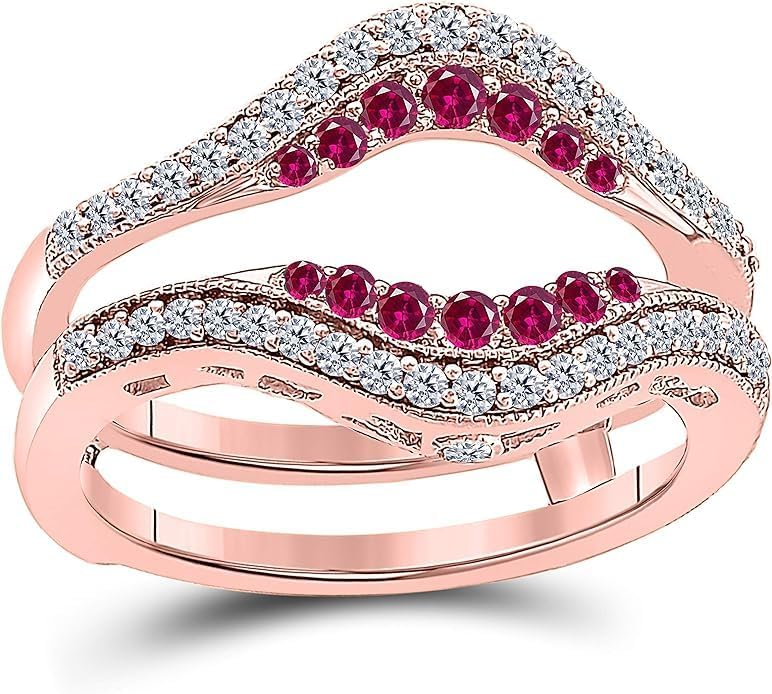 Created Real 925 Sterling Silver 14K Gold Finish Round Cut White Diamond & Red Ruby Double Row Pave Set Halo Enhancer Guard Ring Wedding Gift For Women