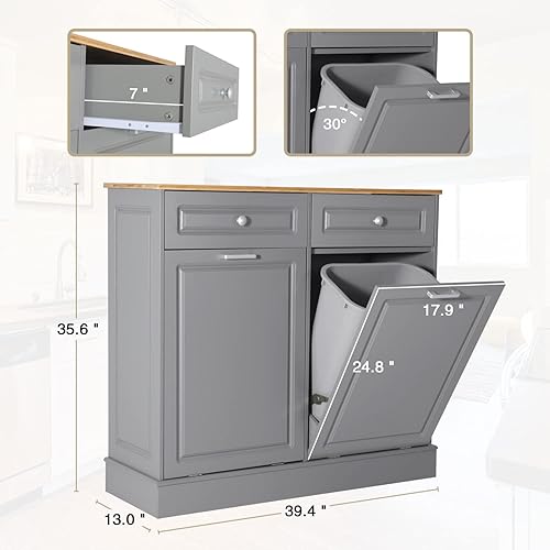 Miniatura 2 de Scurrty Armario de basura extraíble de madera de 39 pulgadas para isla de cocina, contenedor abatible para reciclaje de eliminación de basura, hecho