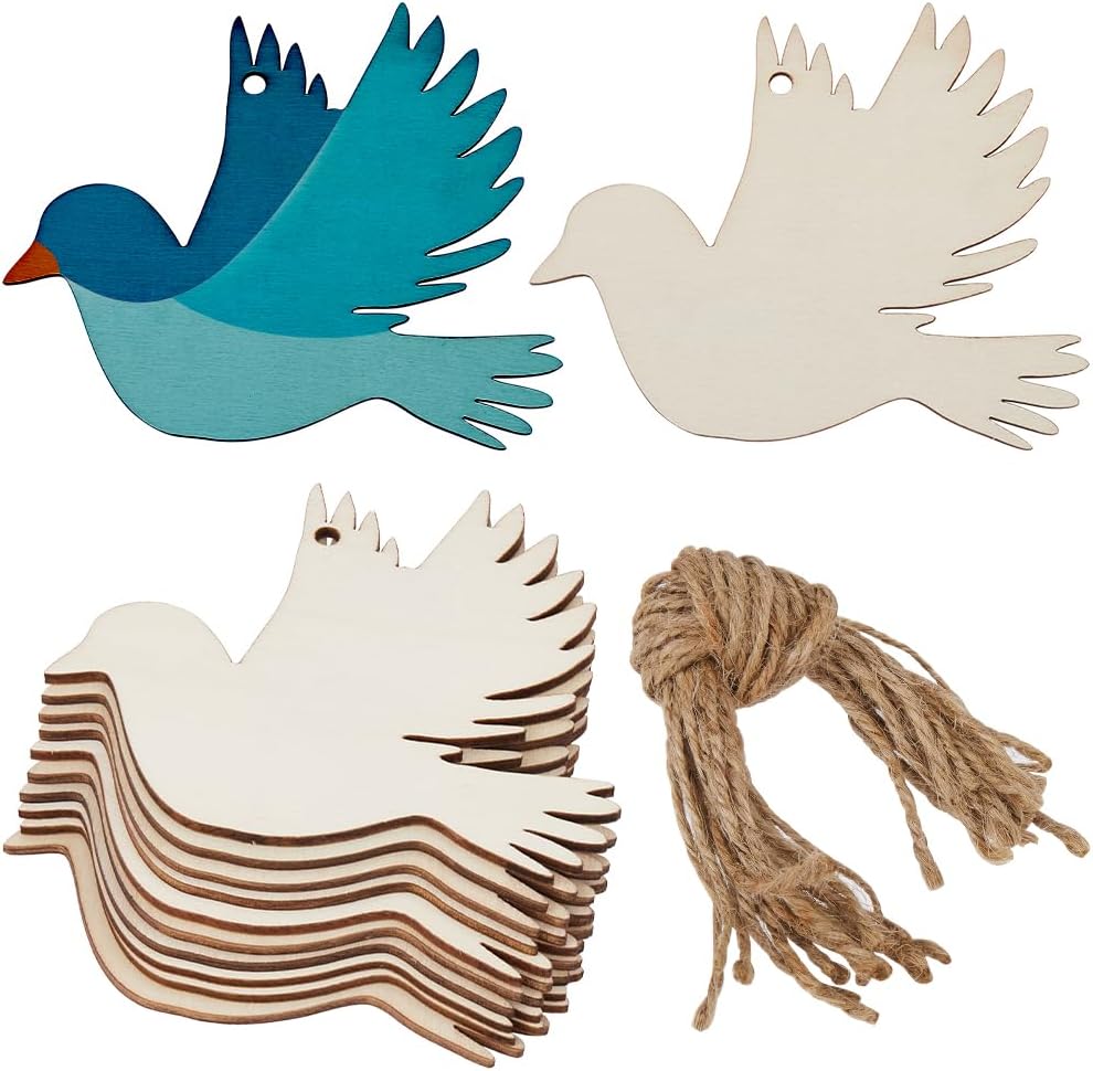 GORGECRAFT 20Pcs Small Unfinished Wooden Birds Wood Cutouts Ornaments Peace Dove Hanging Bird Decor Slices Signs Blank with Hole Hemp Rope for Wedding Birthday Christmas Party Decorations Crafts Gift