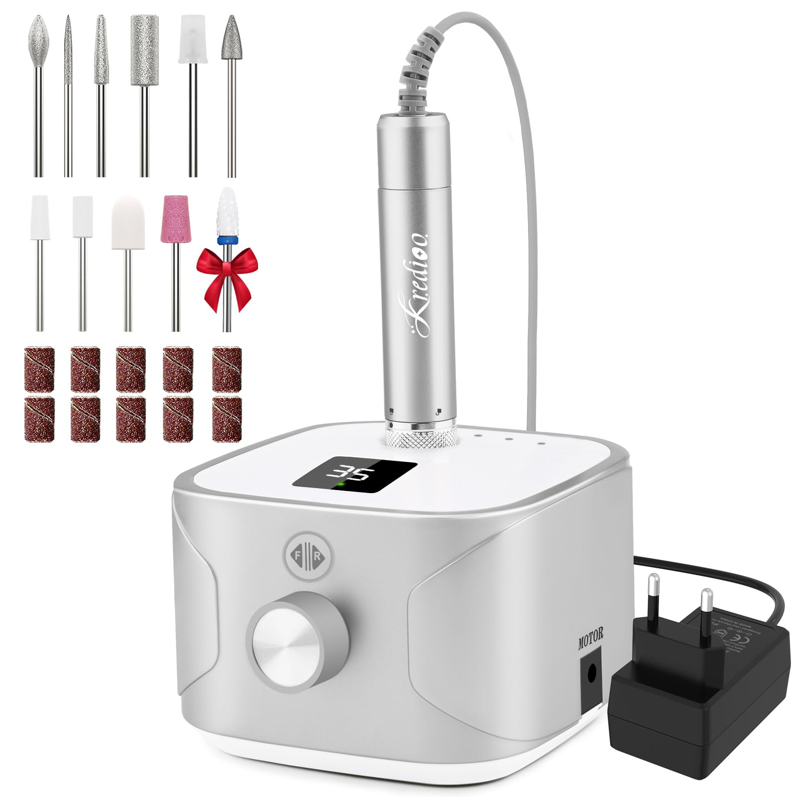 Kredioo Torno para Uñas Profesional 35000 RPM, Pulidor Uñas, Lima Electrica, Nail Drill, Set Manicura y Pedicura Electrico, Kit 11 Fresas Brocas, LED Tátil, Quitar Acrílico Gel/Esmalte/Callos, Plata