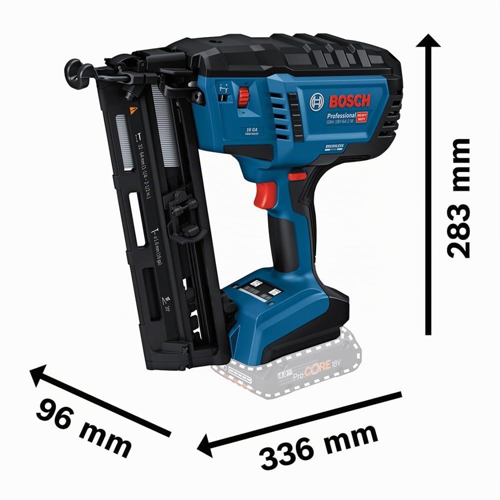 Bosch Professional 18V System cloueur bois sans-fil GNH 18V-64-2 M (tir coup par coup/par contact, pour clous de : 32–64 mm, 16 ga (1,6 mm) et inclinaison chargeur 20°, L-BOXX)