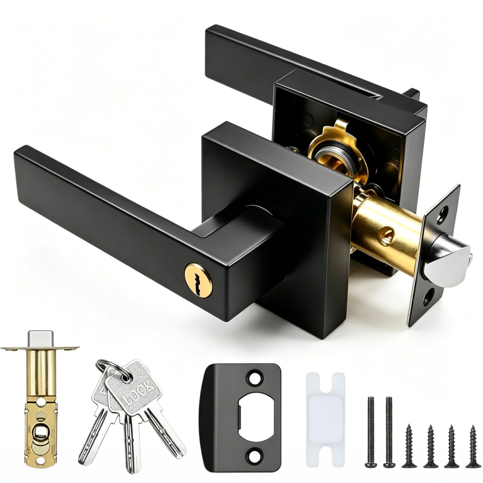 Door Lever Handle Lock Black, Aluminum Alloy Square Lever Privacy Door Handle Set with 3 Keys, Keyed Entry Bedroom Office Door Handle, Reversible for Right Left Handed Doors, Matt Black Finish