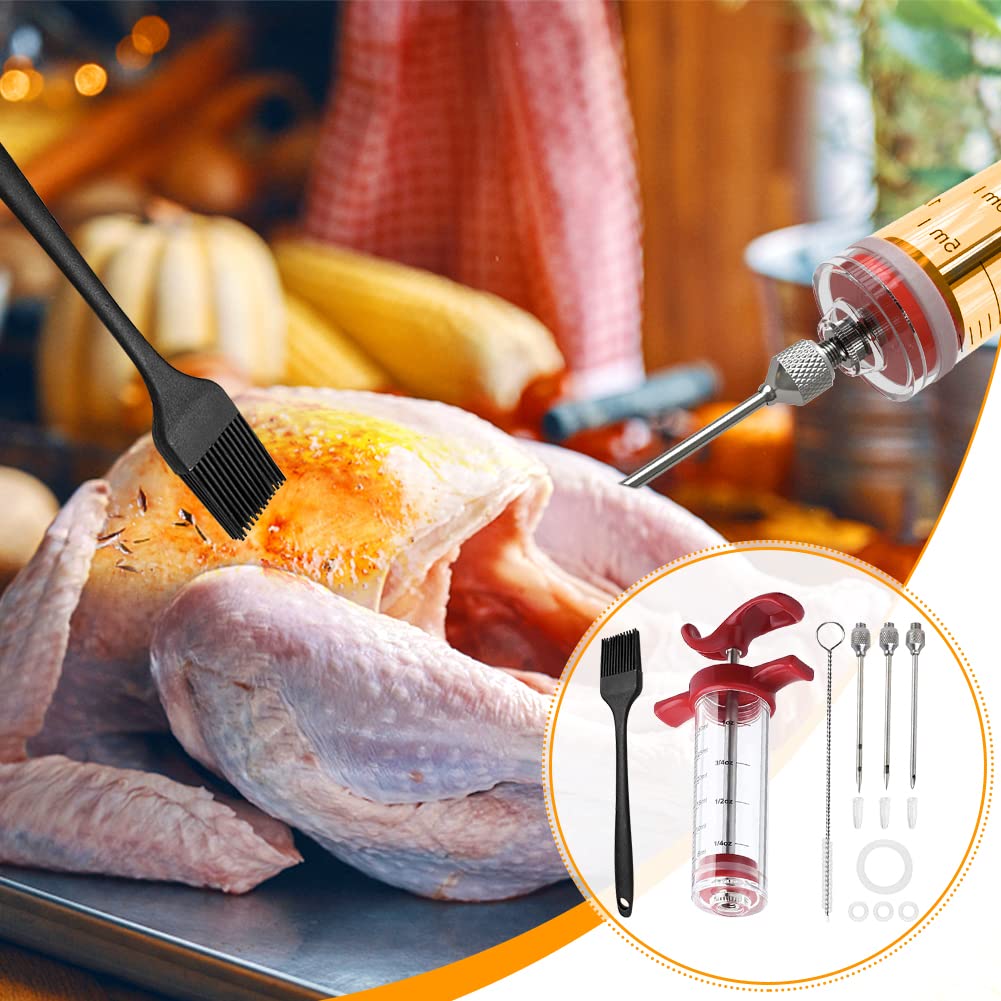 Fleischeinspritzdüsen-e-Set, 3 Nadeln, poröser Truthahn-Injektor für Fleisch mit Reinigungsbürste, Marinaden-Injektorspritze für BBQ Grill mit schwarzer Ölbürste, einfach zu bedienen und zu reinigen