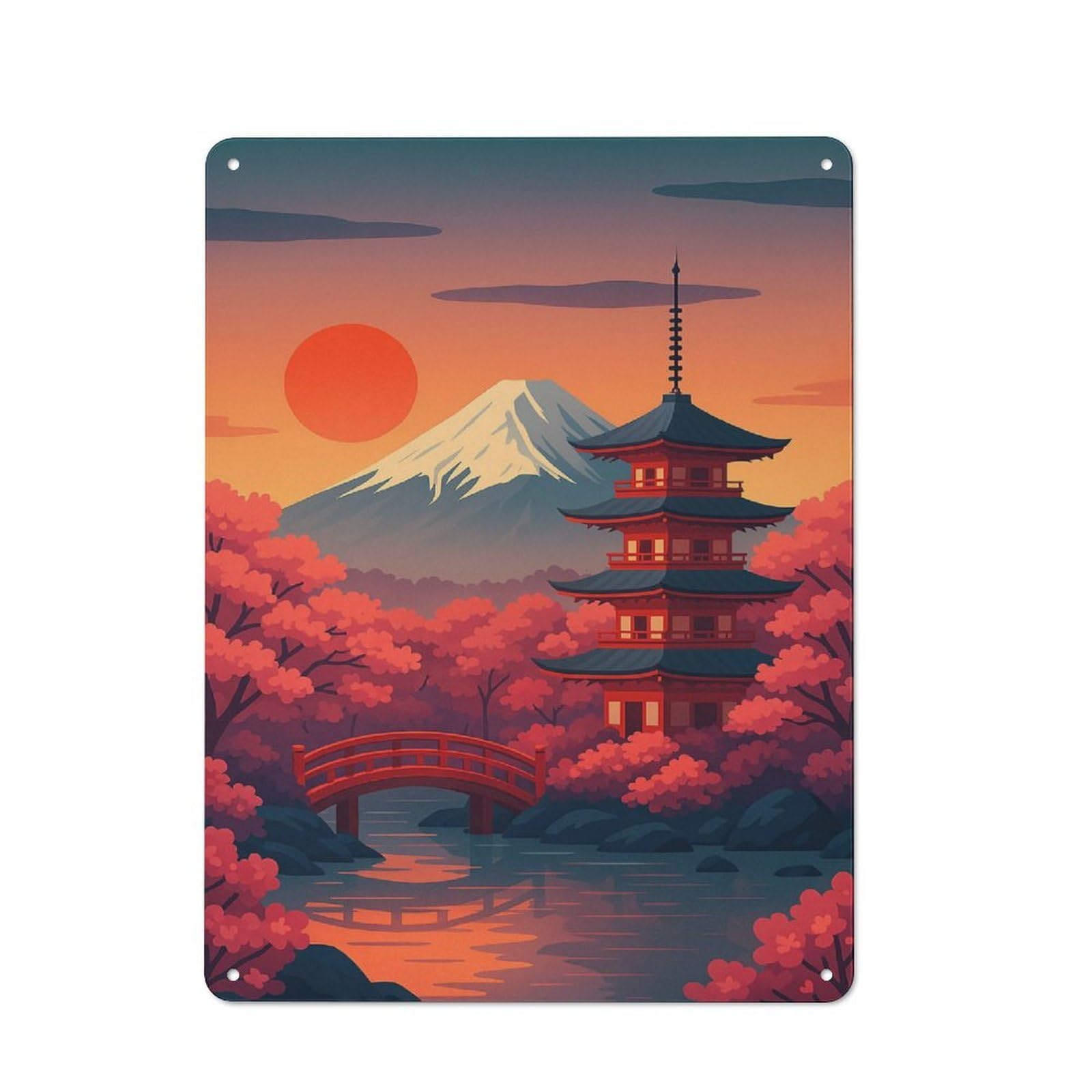 Junmoney Japanese Pagoda With Mount Fuji Smart Metal Desk Wall Sign 40X30cm, Creative Space Decor For Workspace, Cafe, Shop Or Desk Area