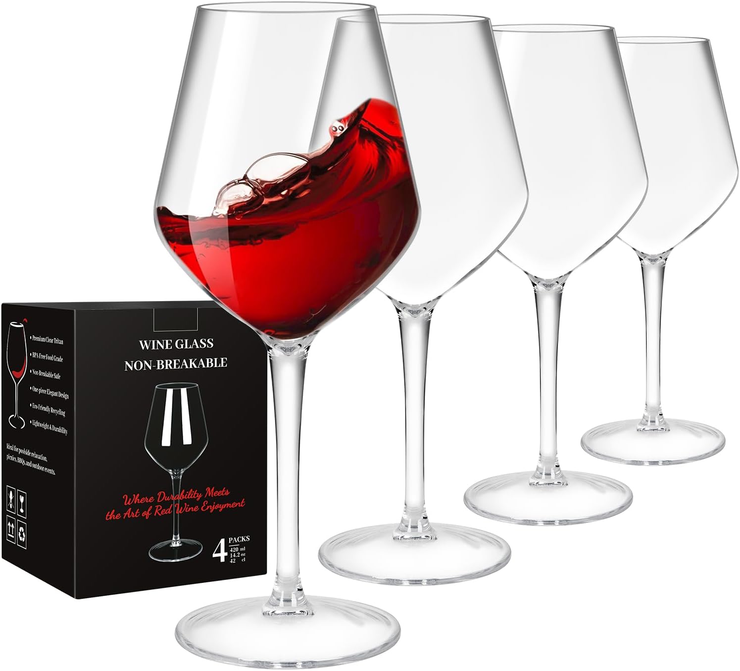 Wine Glasses Set of 4, 15oz Unbreakable Plastic Stemmed Wine Glasses for Red or White, BPA Free, Reusable for Outdoor Camping, Parties, Home Bar, Unique Gift for Christmas, Wedding, or Birthday