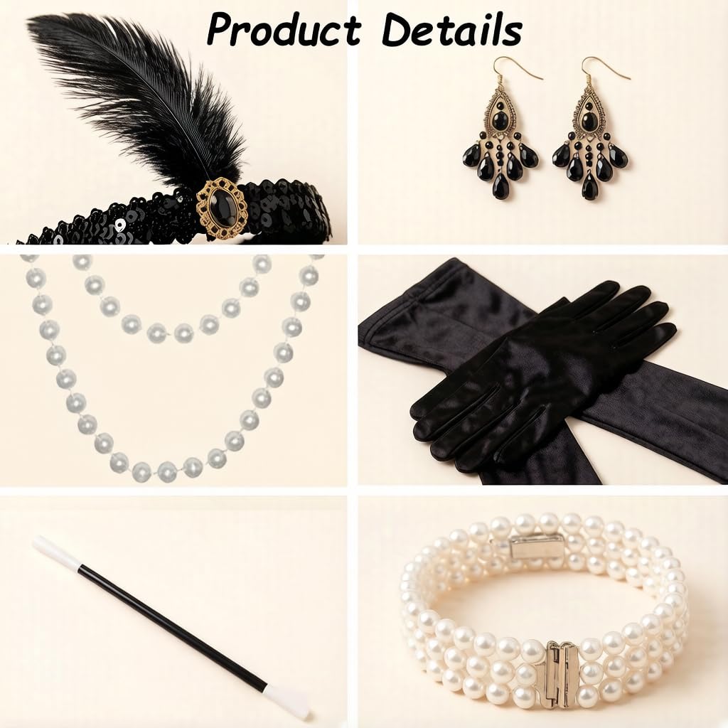 Accesorios años 20 para mujer – Conjunto de 6 piezas estilo Gatsby & Charleston – Diadema con plumas, guantes de satén, collar de perlas – para noche grande de Gatsby, Halloween y fiesta de disfraces — view 3