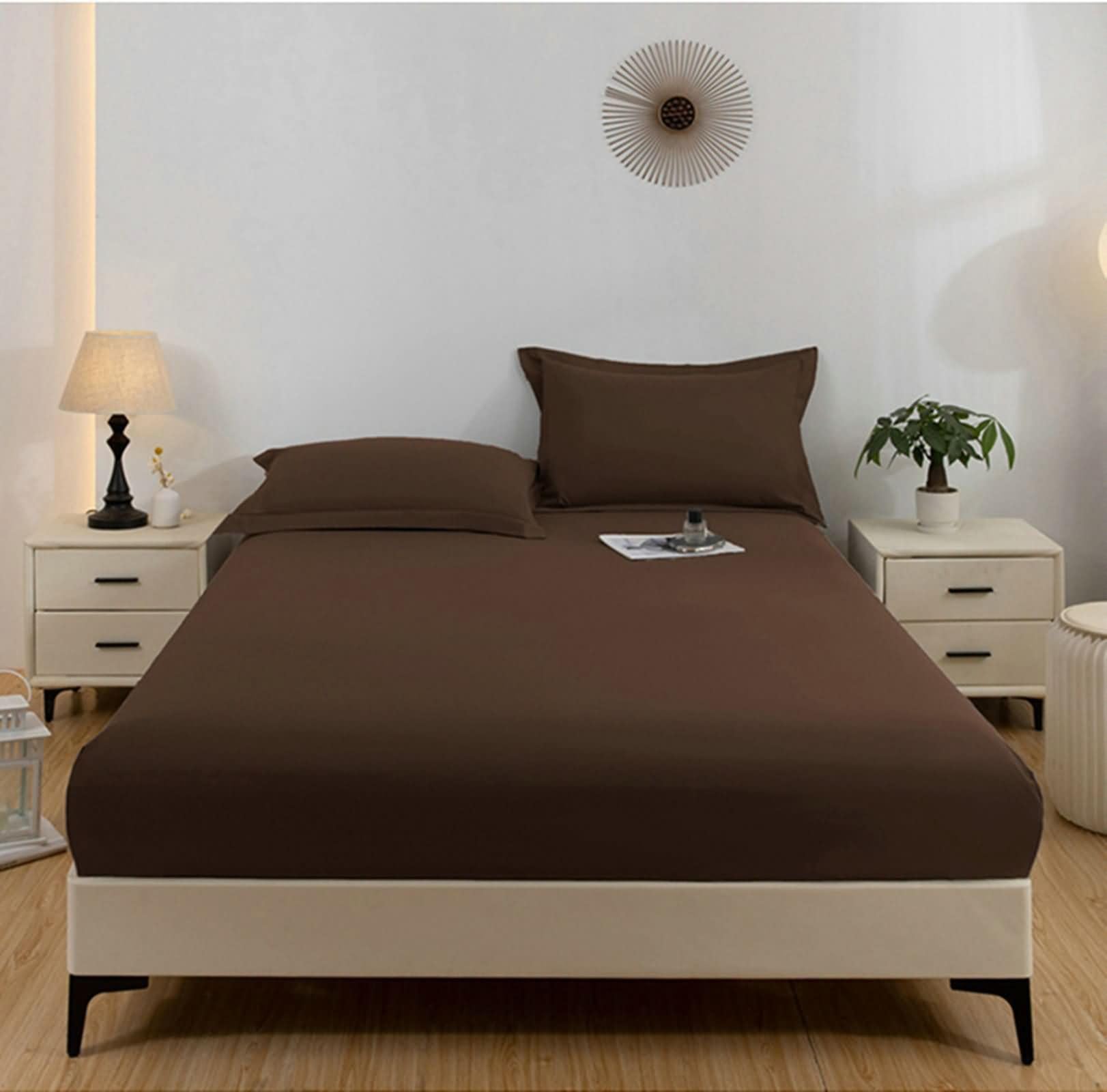 3-częściowy zestaw pościeli z gumką z bawełny podwójnej, jednokolorowe, 140 x 200 x 30 cm + 2 poszewki na poduszki, prześcieradło z gumką z gumką w kolorze brązowym