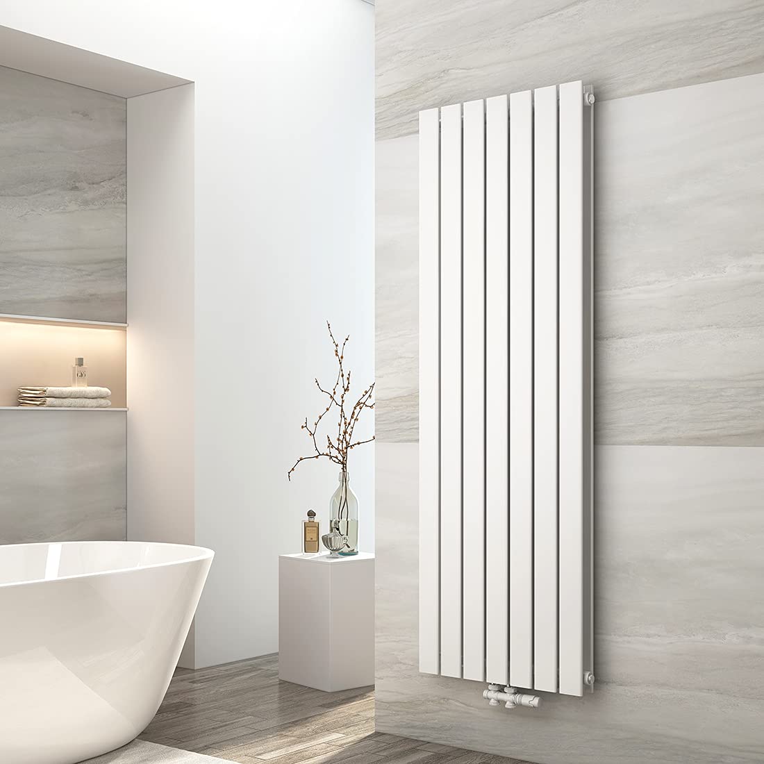 EMKE Design Heizkörper Flach, 1600x538 mm Vertikal Flachheizkörper mit Mittelanschluss, Doppellagig Weiß Paneelheizkörper Wandheizkörper für Bad, Schlafzimmer & Wohnzimmer, 1691W