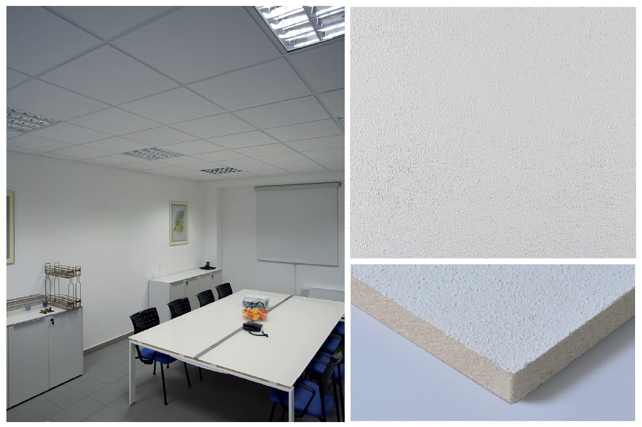 Pannelli controsoffitto 60 x 60 x 1.5 cm in Fibra Minerale 12 pezzi - Finitura bucciata granulata - Confezione da 4,32 mq - Prestazioni FONOASSORBENTI - Montaggio IN APPOGGIO