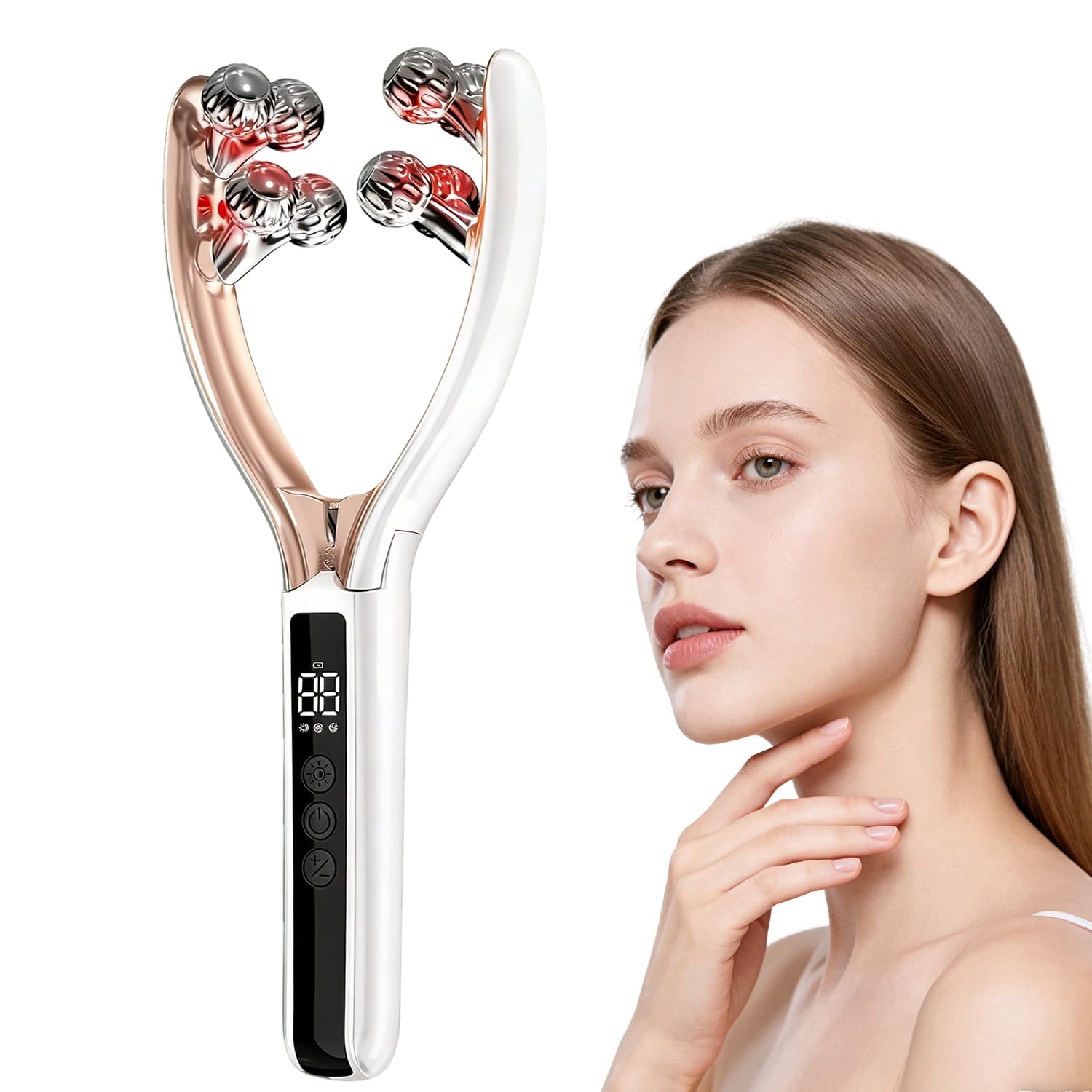 Photo 1 of [See Live Photos] Facial Massager with 3D Roller,Lymphatic Drainage Tool for Face,Arm,Leg and Neck massage - Lymphatic Contour Face Brush Lift & Double Chin Reducer (Pearl white)