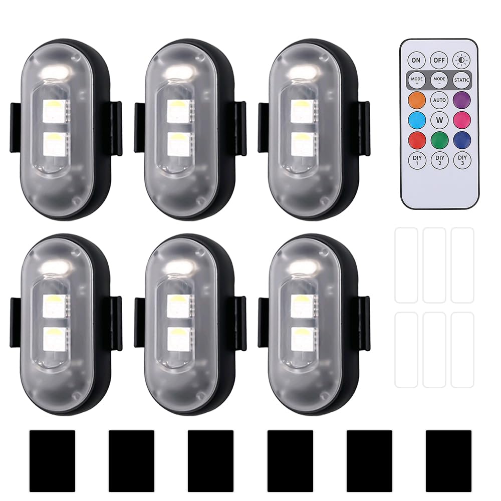 Bezprzewodowe światła LED, 6 sztuk, 8 kolorów, stroboskop, wodoszczelne, pilot zdalnego sterowania, lampa błyskowa z pilotem zdalnego sterowania, ładowanie przez USB, światła antykolizyjne, LED