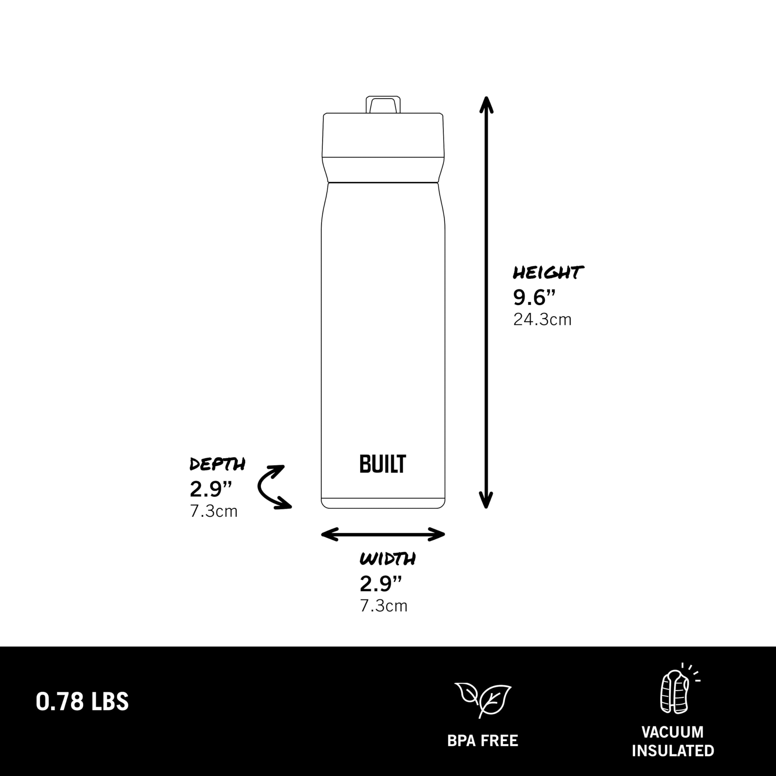 BUILT Botella en cascada de acero inoxidable de doble pared de 20 onzas líquidas, tapa con popote resistente a derrames, vaso de viaje con agarre de goma para mantener las bebidas frías y calientes