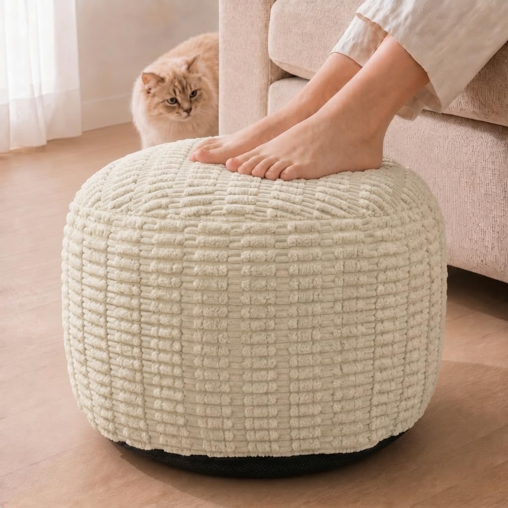 Round Pouf Ottoman, Ivory, 24"x14", Shredded Foam Fill