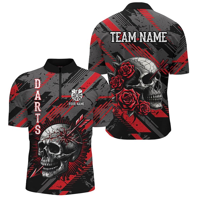 Personalisierte 3D-Druck Dartshirts für Herren & Damen mit Totenkopf- und Rosenmotiv | Rot T1919
