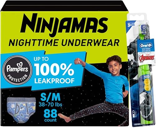 Pampers Ninjamas + Oral-B Cepillo de dientes, pantalones de entrenamiento nocturno para niños, 88 unidades, talla SM y Oral-B Kids Power Cepillo de