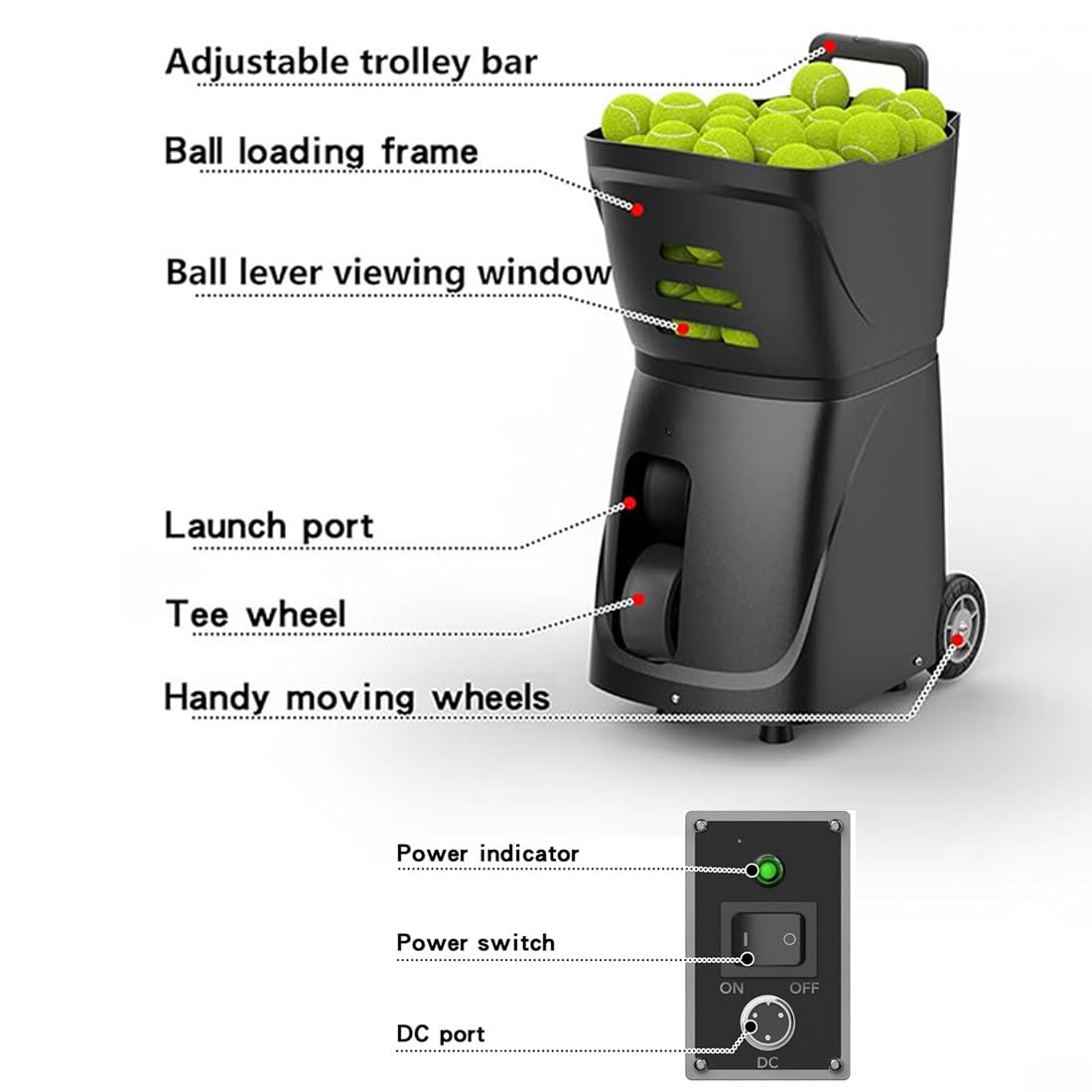 Macchina portatile per palline da tennis, lanciatore automatico con telecomando e app, angolo regolabile per allenamento
