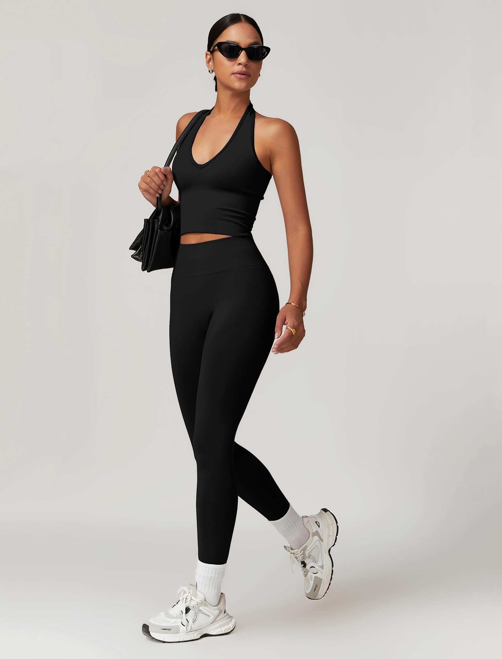 Odizli Set sportivo da donna, con scollo a V, reggiseno a vita alta, leggings da palestra, fitness
