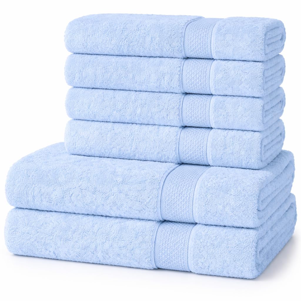Komfortec Set di 6 asciugamani in 100% cotone, 2 asciugamani da bagno 70 x 140 cm e 4 asciugamani da 50 x 100 cm, in spugna, morbido, azzurro