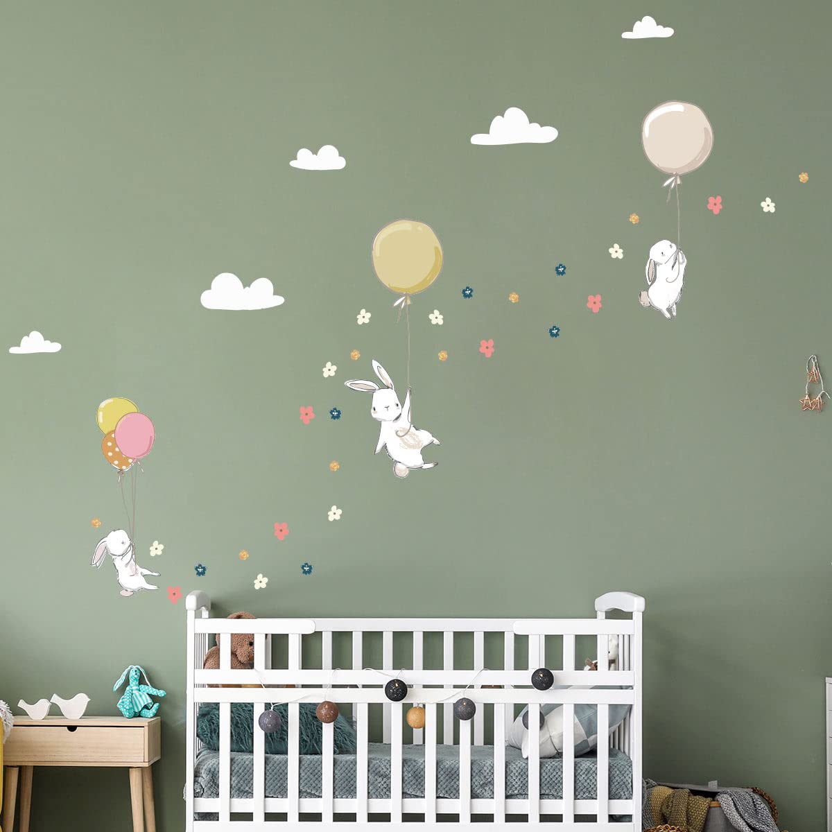 Children's Wall Stickers - Baby Room Decoration - Children's Bedroom Wall Sticker - Rabbits to Conquer Flowers - H60 x L90 cm