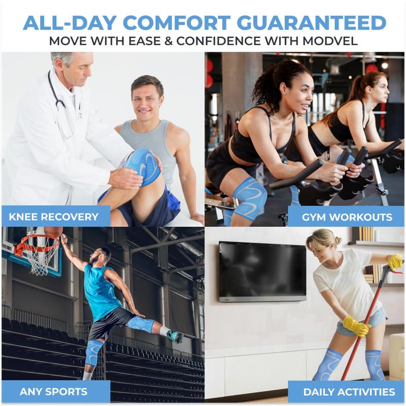 Modvel 2 Pack Knee Brace for Women & Men - Workout Knees Compression Sleeve for Knee Pain Relief Joint Support for ACL, Arthritis, Meniscus Tear Knees Brace for Sports, Rodilleras para Gym Fitness