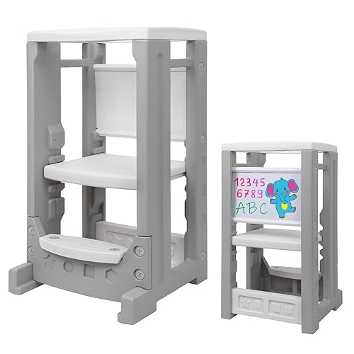 Miniatura 8 de Taburete de cocina para niños con pizarra blanca, torre para niños pequeños con 4 alturas ajustables y riel de seguridad, taburete de aprendizaje