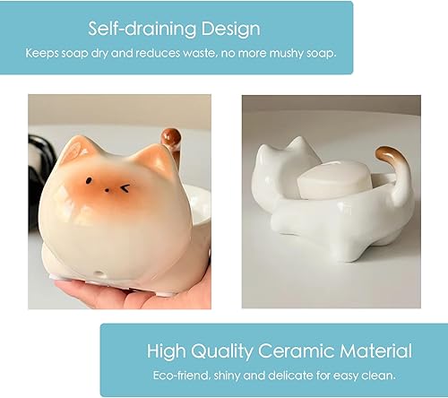 Miniatura 3 de Jabonera de cerámica para gatos, barra autodrenante para ducha, bandeja de jabón decorativa para lavabo de baño, encimera de cocina, bandeja de