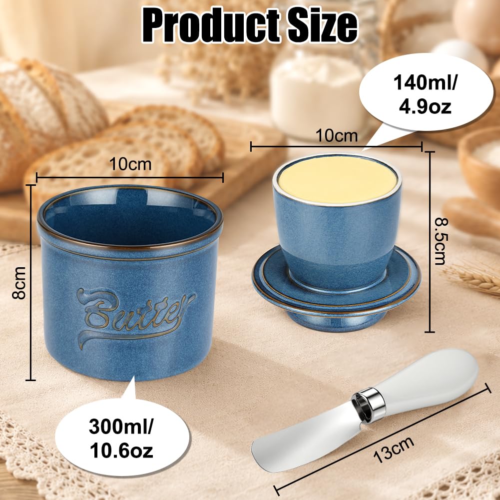 Vicloon Maselniczka z pokrywką i nożem, ceramiczny pojemnik na masło z linią wodną, okrągły maselnik do smarowania świeżego masła, pojemnik na blat nadaje się do mycia w zmywarce, niebieski
