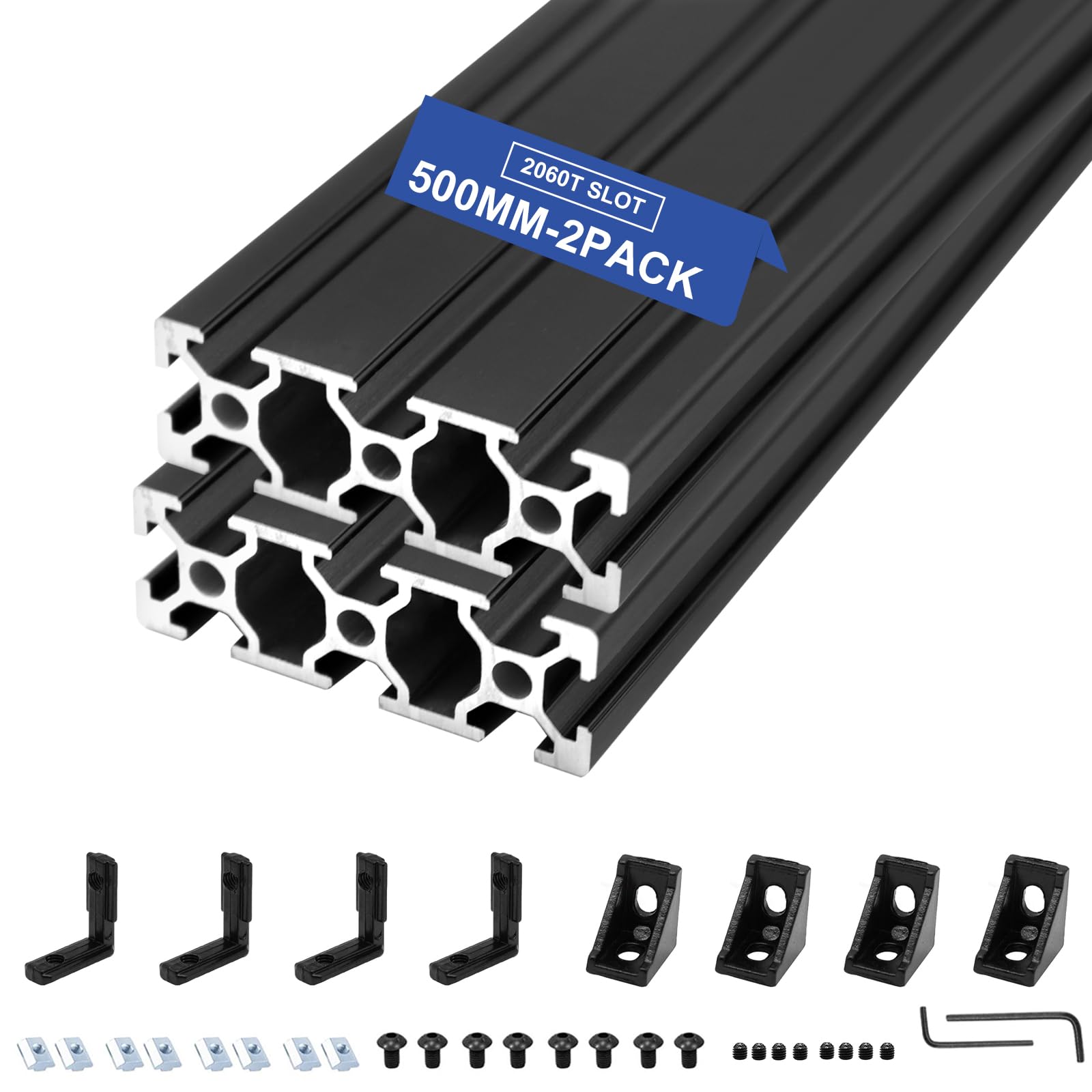 2Pack 2060 T Slot Aluminum Extrusion 500mm Black Extruded Aluminum Profile 20x60 T-Slotted Framing European Standard Anodized Linear Rail for 3D Printer Accessories Parts