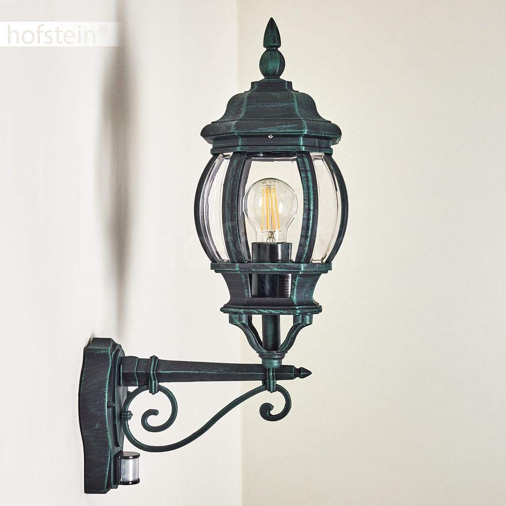 HOFSTEIN Außenwandleuchte Lentua, Außenwandlampe mit Bewegungsmelder aus Metall/Kunststoff in Schwarz-Grün/Klar, Wandleuchte Up im Retro/Vintage-Design, E27, IP44, Eingangsbereich, Terrasse, Haustür