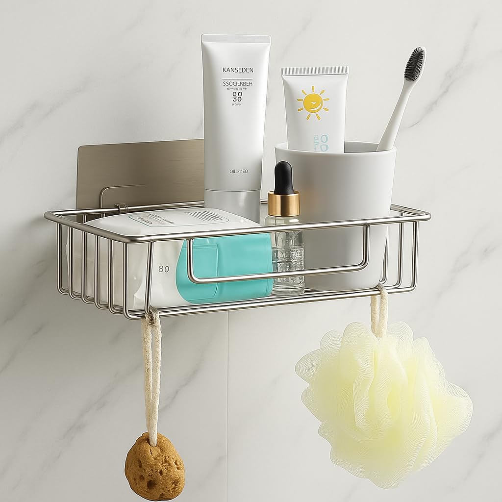 JIALTO Stainless Steel Self-Adhesive Bathroom Organiser with Towel Holder for Bathroom Accessories – No Drill, Wall Mount Bathroom Shelf for Wall (26L X 12W X 6H CM, Pack of 1)-picture-19