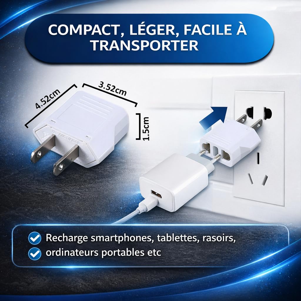 4 x Adaptateur Prise USA/Canada/Japon/Mexique/Thailande - Très Utile pour Voyager - Adaptateur Facile A Transporter - Design Compact et Léger (Blanc)